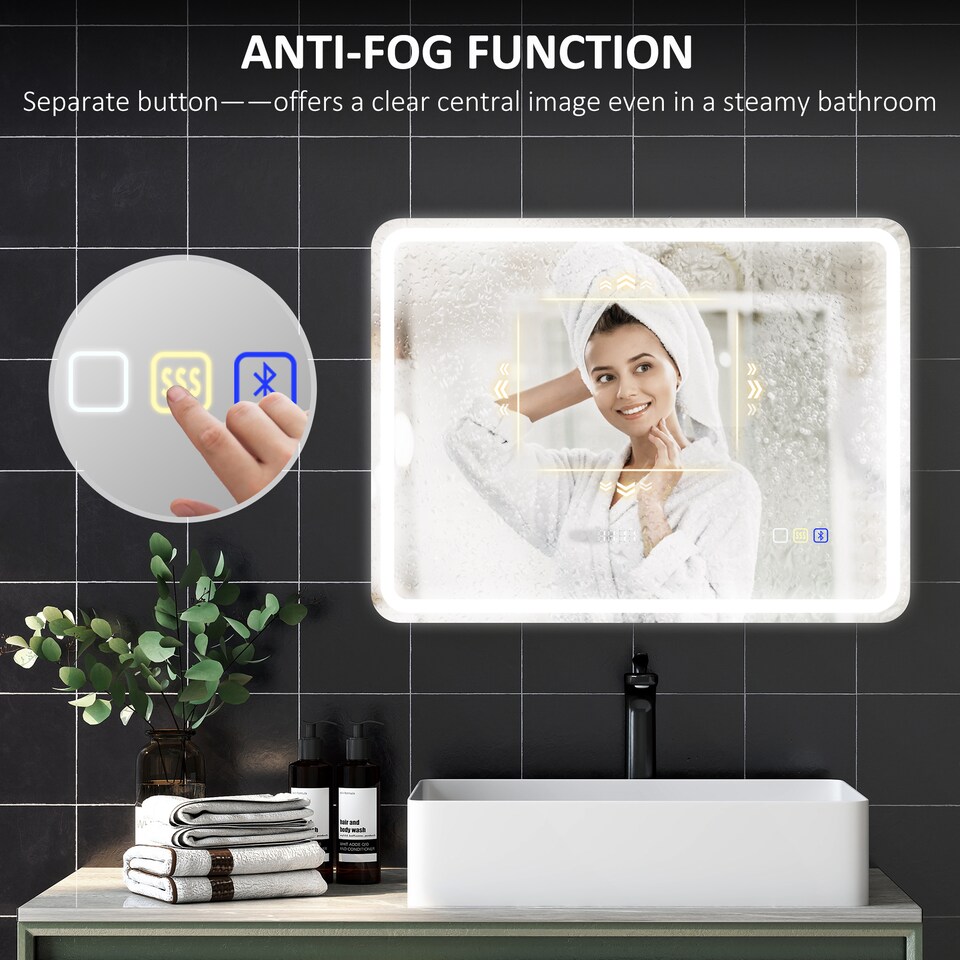 image 1 of HOMCOM 600 x 800 mm Illuminated Bathroom Mirror with Bluetooth Clock Silver