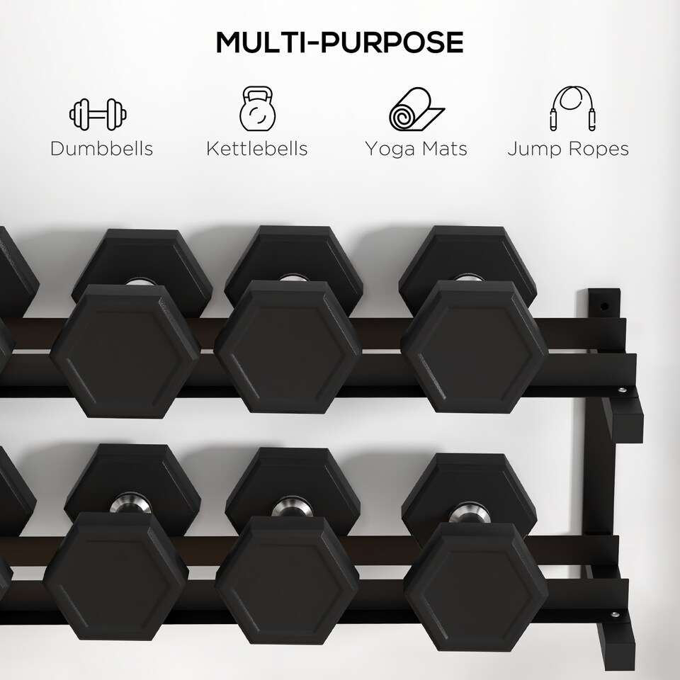 image 1 of SPORTNOW Wall-Mounted Dumbbell Rack, 2-Tier Steel Design, Black | Black