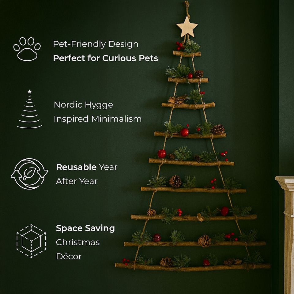 image 1 of Neo Wooden Hanging Wall Xmas Christmas Tree Ladder Decoration Rustic Nordic Hygge Style with Pine Cones Red Berries Jute Rope Wall Mounted Décor