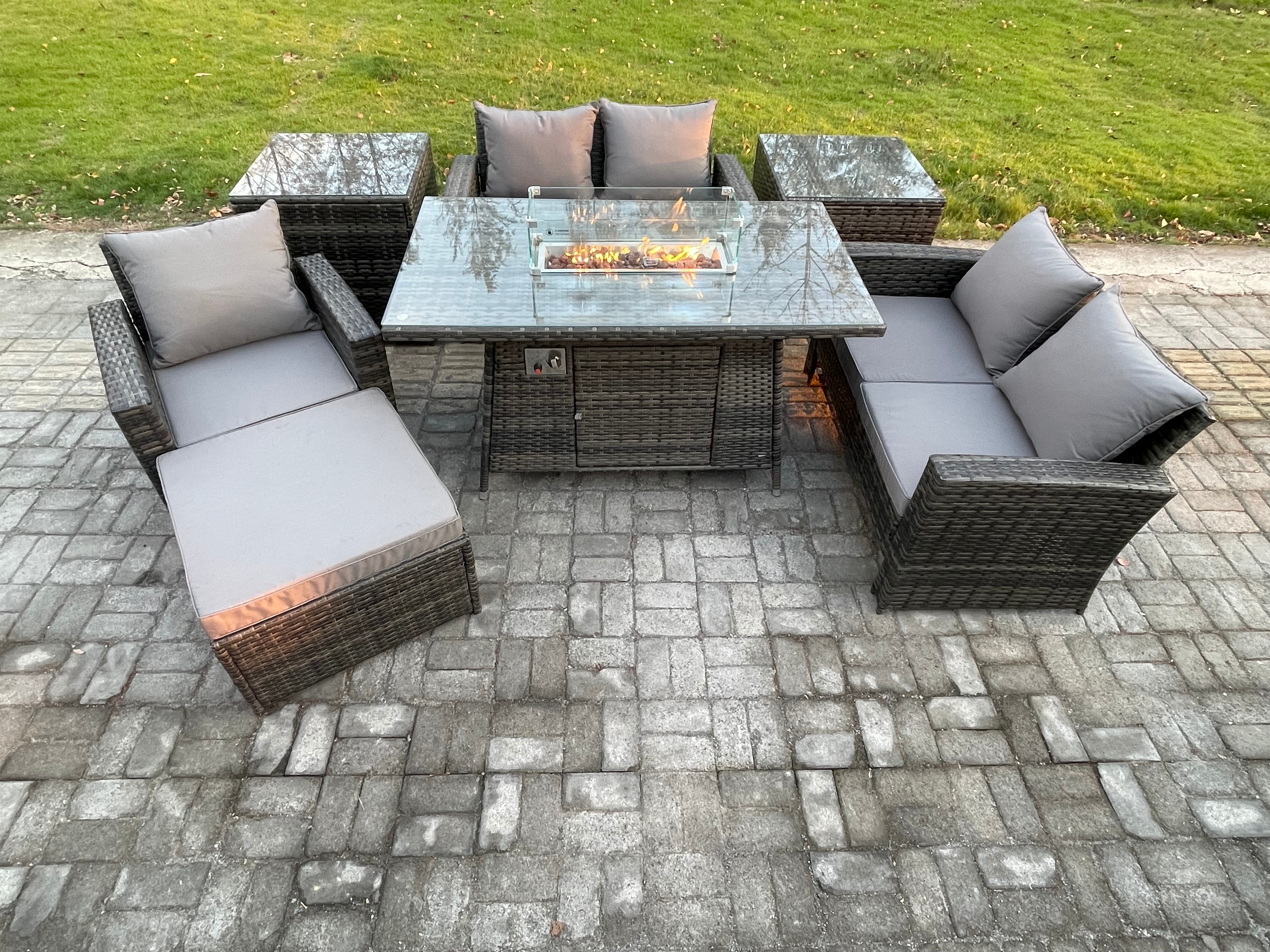 Fimous Rattan Outdoor Garden Furniture Gas Fire Pit Table Sets Gas Heater with Love Sofa Armchair 2 Side Tables Big Footstool 6 Seater Dark Mixed Grey