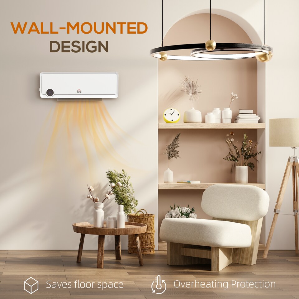 image 1 of HOMCOM Wall Downflow Heater 2 Heat and Fan 1000W2000W, Electric Space Heater with Timer Remote Oscillating, for Bedroom Home Office, White