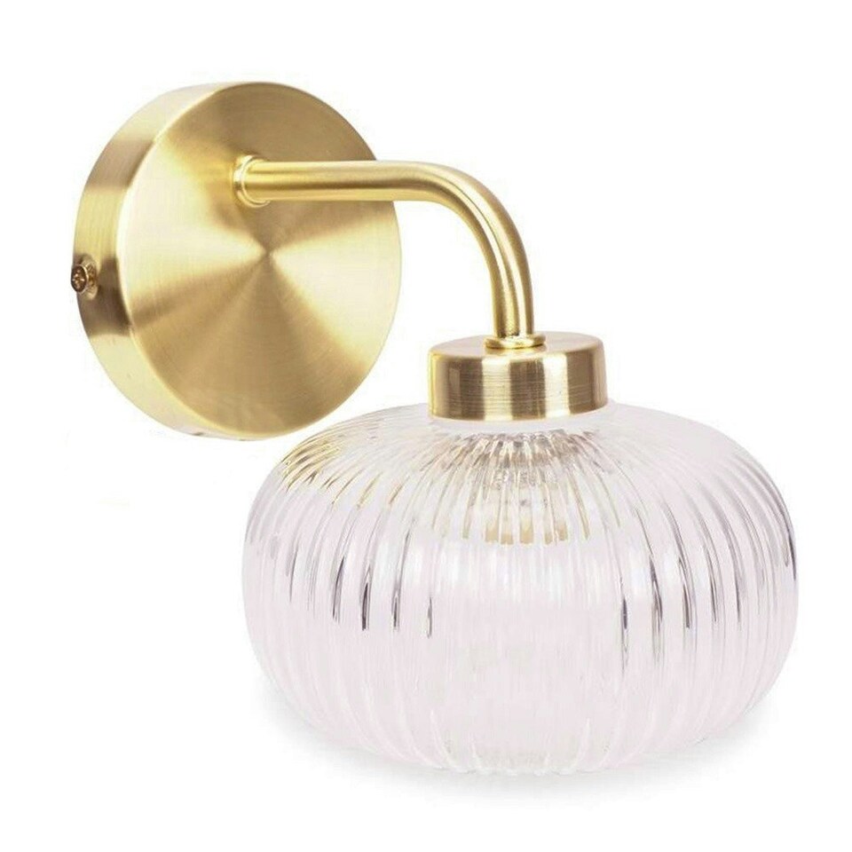 image 1 of ValueLights Amaia Brushed Gold IP44 Single Clear Ribbed Glass Wall Light with LED Bulbs