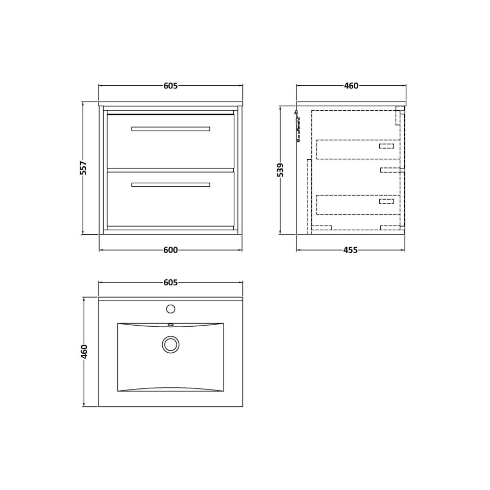 image 1 of Balterley Longnor 2 Drawer Wall Hung Vanity Unit with 1 Tap Hole Minimalist Basin, Woodgrain Graphite Grey, 600mm