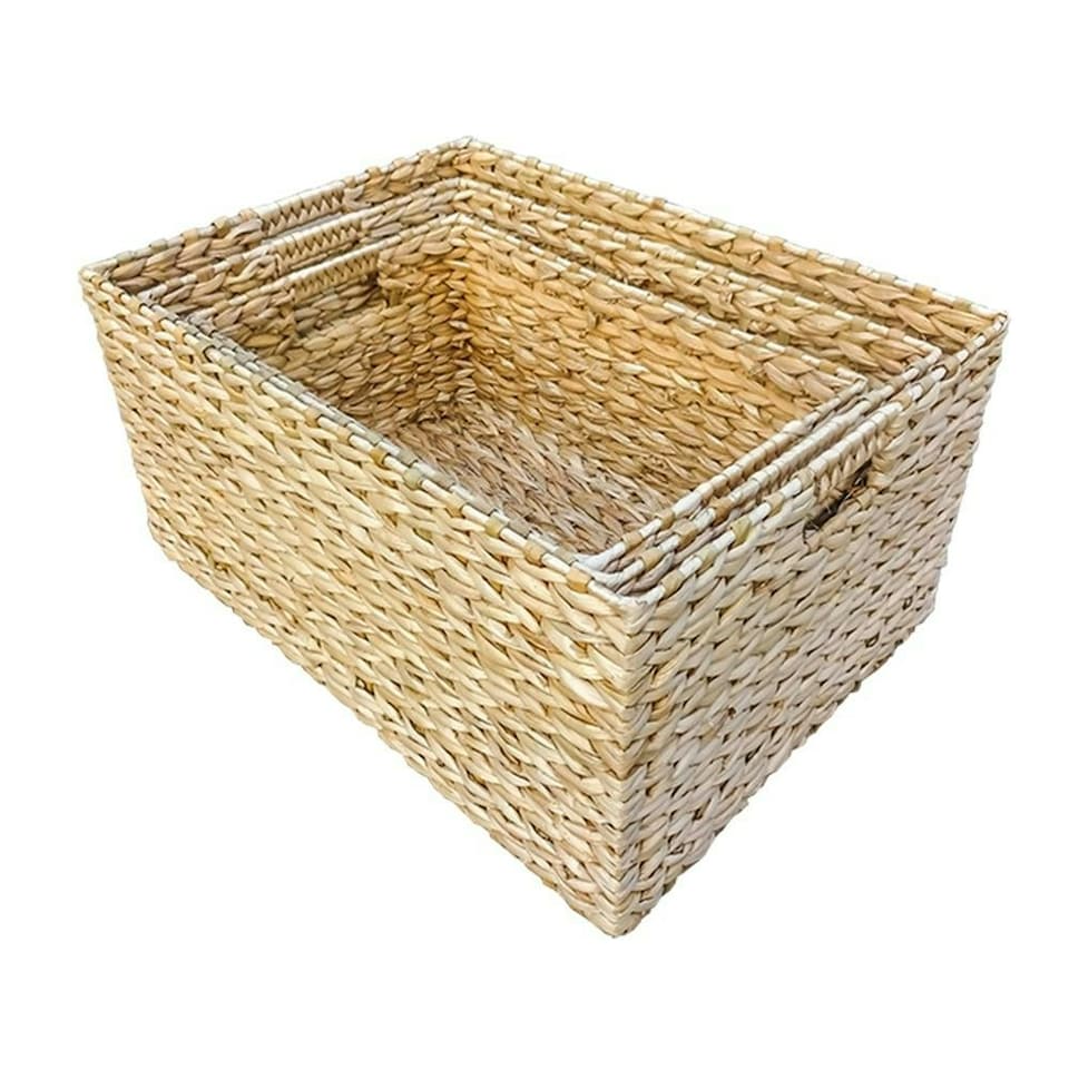 Set of 3 Rectangular Water Hyacinth Storage Baskets Brown