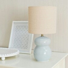 ValueLights Kendal Natural Linen Drum Shade Blue Glazed Ceramic Table Lamp Blue