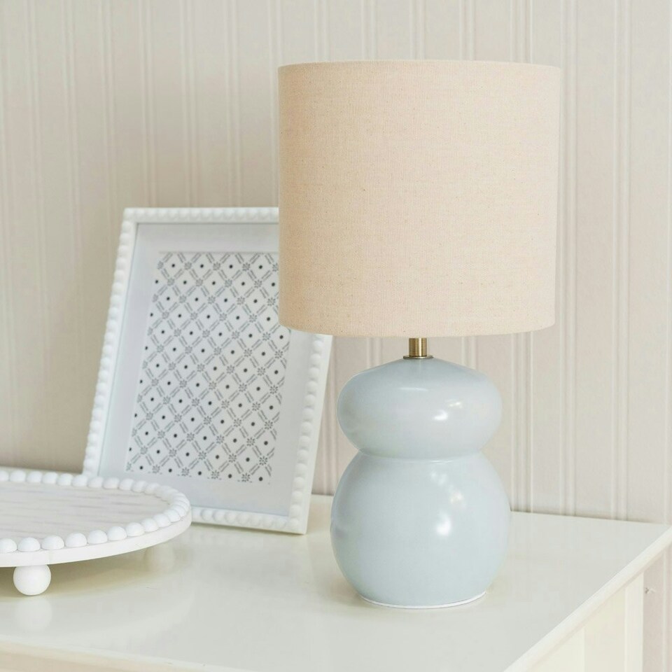 image 1 of ValueLights Kendal Natural Linen Drum Shade Blue Glazed Ceramic Table Lamp Blue
