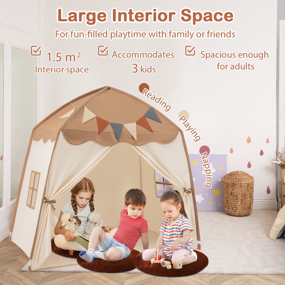 image 1 of COSTWAY Kids Play Tent Indoor & Outdoor Extra Large Playhouse Tent-Coffee