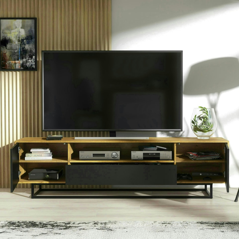 image 1 of TV Unit 200cm Oak Body with Black Doors and Drawer on Metal Base | Multi | Oak | One Size | 1