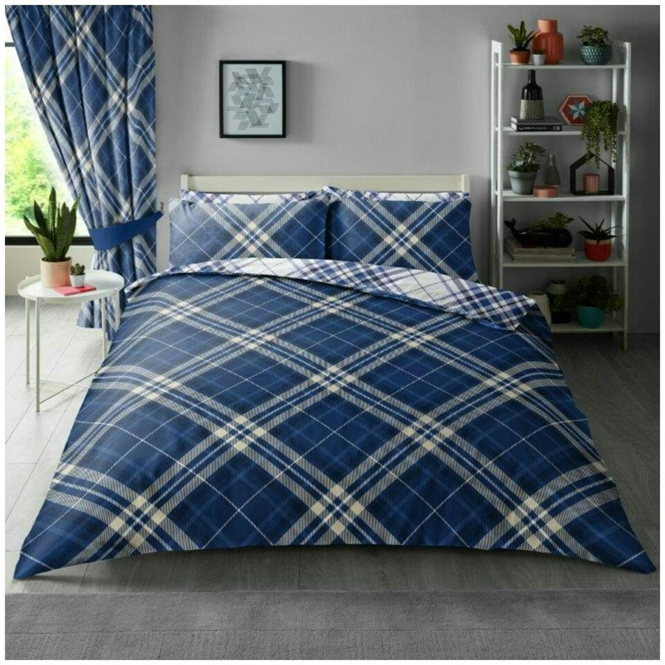 image 1 of VELVETIO Diagonal Check Complete Duvet Cover Set with Fitted Sheet Breathable Bedding Quilt Blue | King