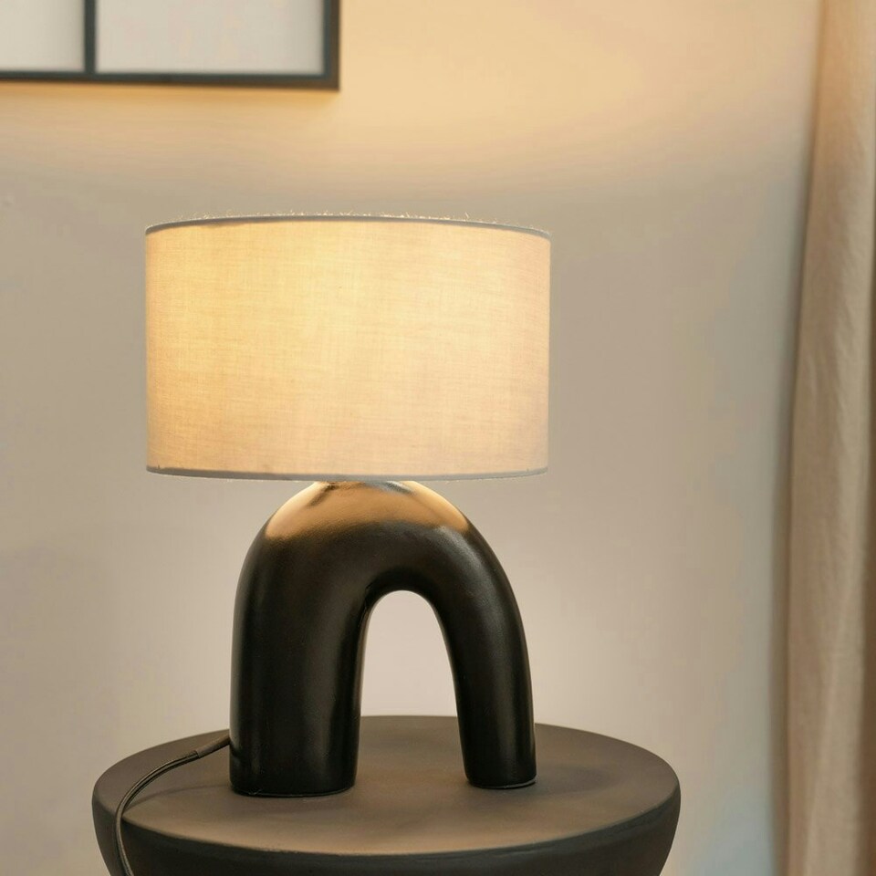 image 1 of ValueLights Lia Grey Fabric Drum Lamp Shade Black Arch Abstract Ceramic Table Lamp Black