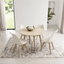 Dining Table and 4 Chairs Round Wood Effect 4 Cream faux Leather Plastic Chairs Dining Set | Cream | One Size | 5