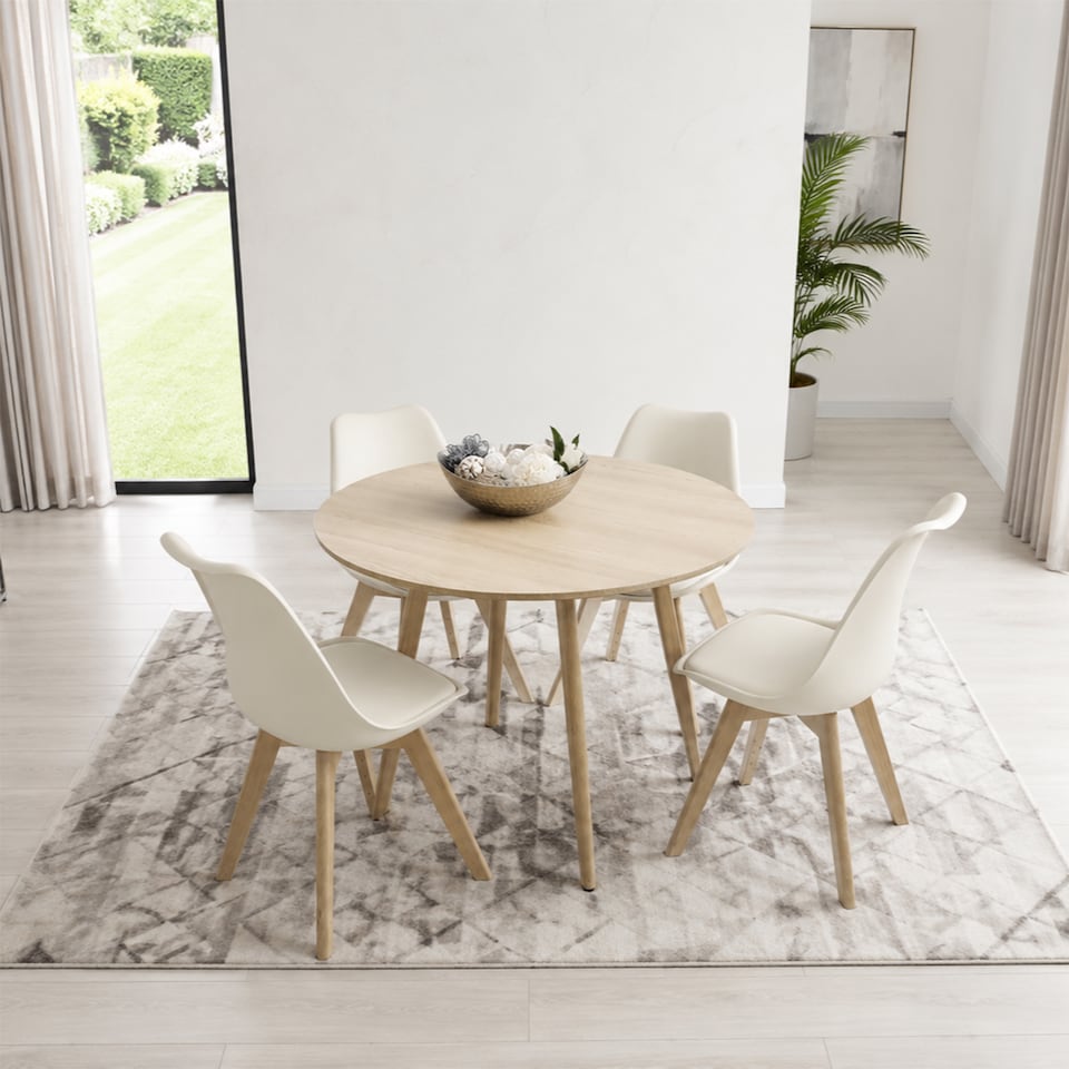 image 1 of Dining Table and 4 Chairs Round Wood Effect 4 Cream faux Leather Plastic Chairs Dining Set | Cream | One Size | 5