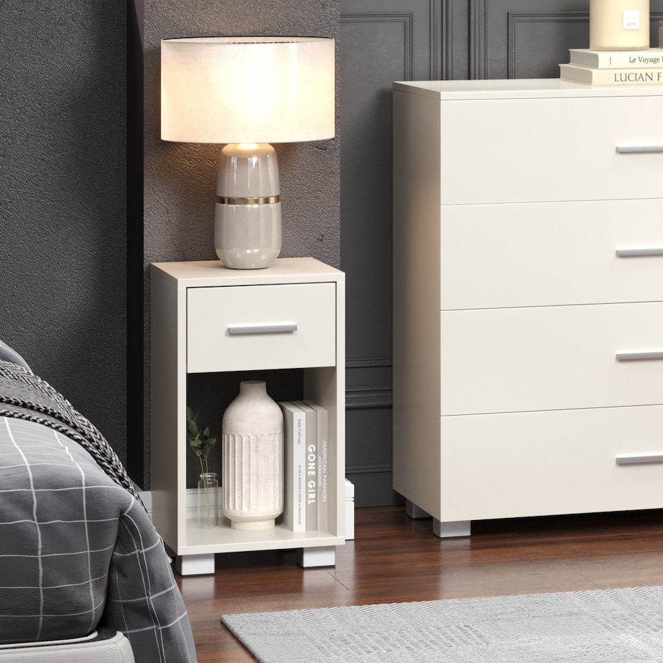 image 1 of Lido 1 Drawer Bedside Table - Gloss White Finish with Silver Handles and Feet | White | White | One Size | 1