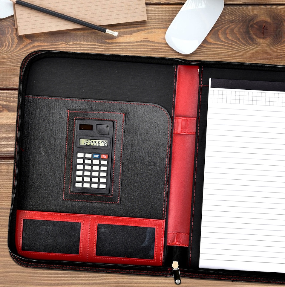 image 1 of A4 Zipped Conference Folder – Executive Portfolio with Calculator, Writing Pad, Pen Holder & Document Storage – Professional Faux Leather Business Organiser for Office, Meetings & Interviews