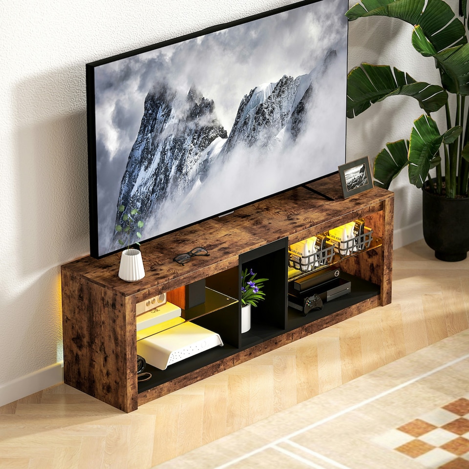 image 1 of HOMCOM TV Stand, Entertainment Centre with LED Lights, Rustic Brown | Brown | 1