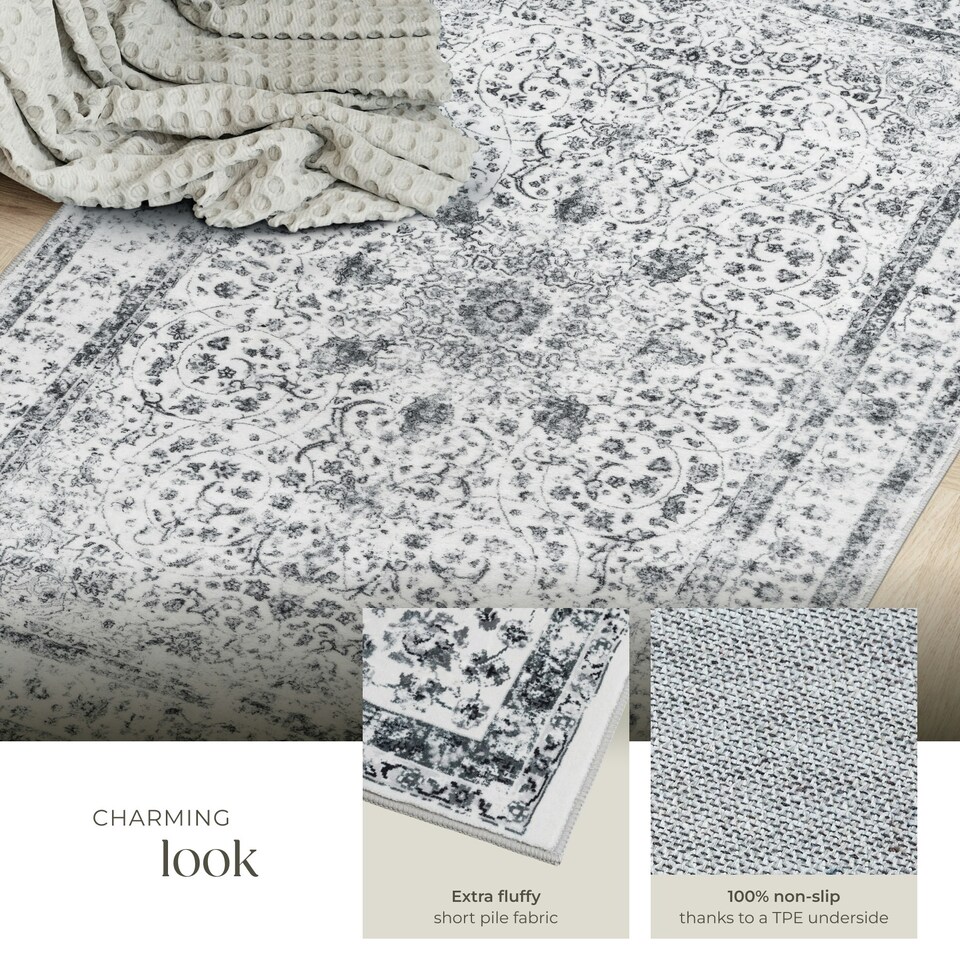 image 1 of Washable Rug Aliya - different sizes, oriental pattern, non-slip underside, non-allergenic short pile Grey | 150 x 80 cm