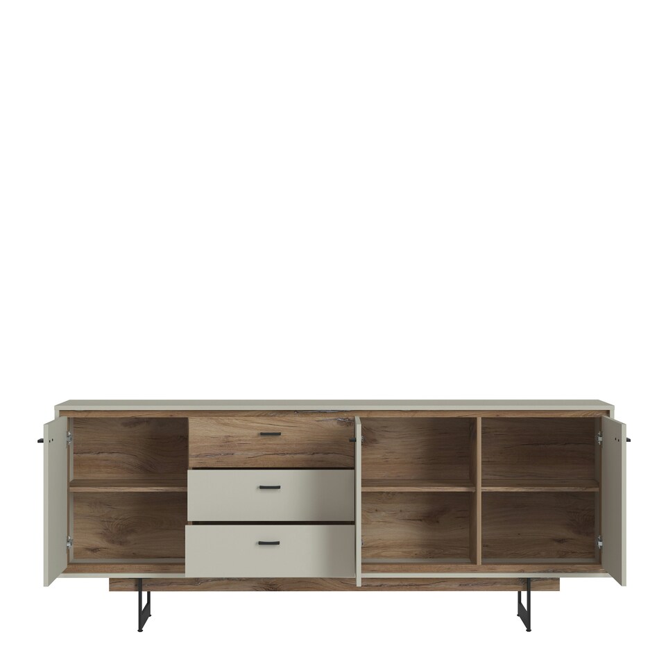 image 1 of Rivero 3 Door 3 Drawer Wide Sideboard in Grey and Oak