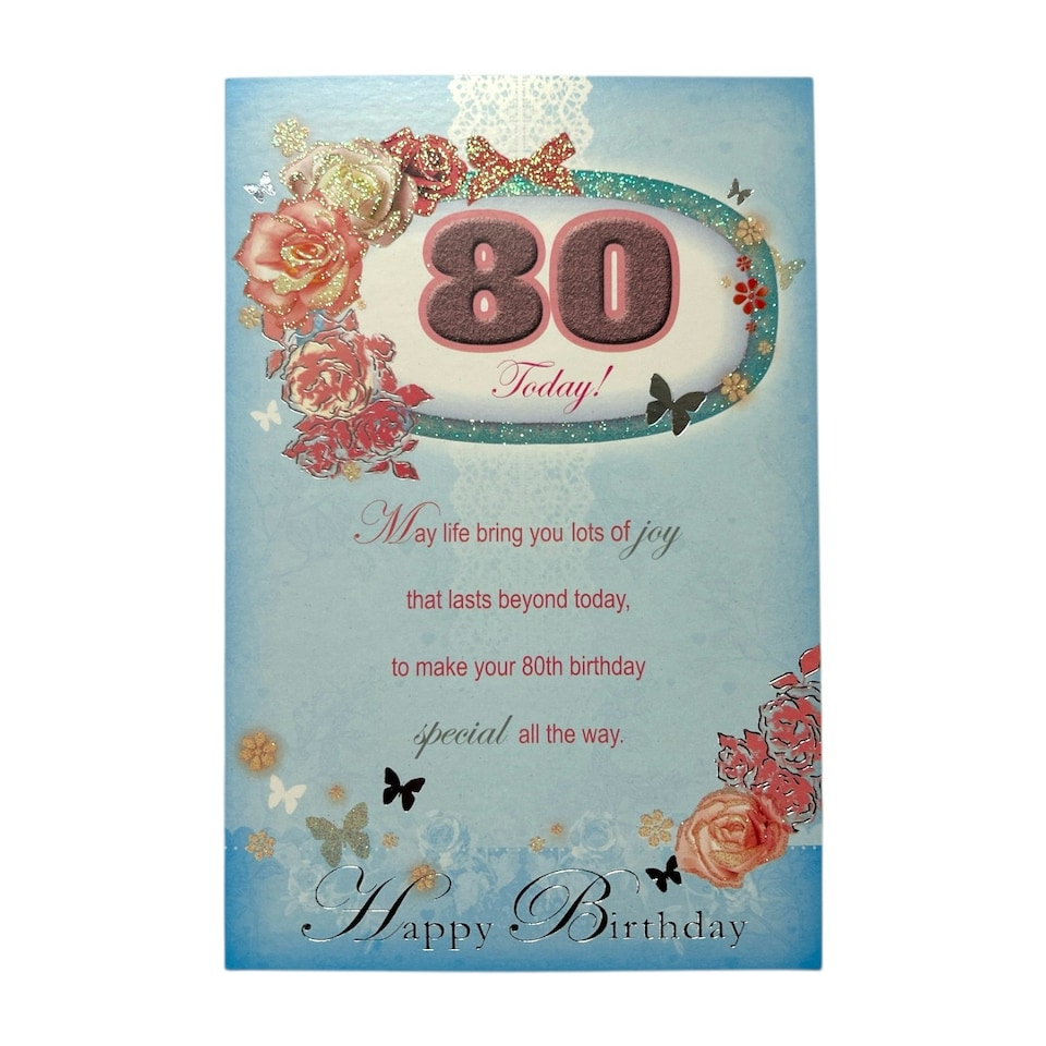image 1 of Age 80 Floral Design Soft Blue Birthday Card