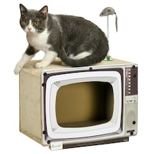 PawHut TV-Shaped Cat House, Cardboard with Scratcher Catnip Toy Mouse