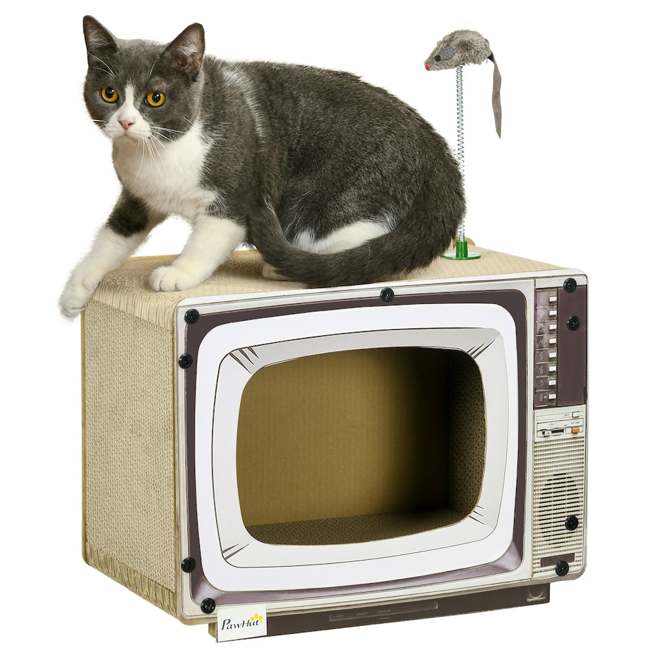 image 1 of PawHut TV-Shaped Cat House, Cardboard with Scratcher Catnip Toy Mouse