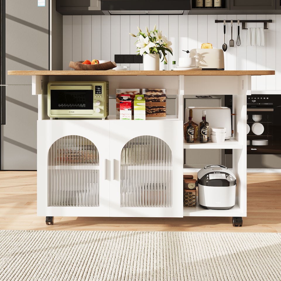 image 1 of VILUXE Kitchen island, kitchen cabinet, removable serving trolley, buffet cabinet, dining trolley with wood grain, buffet cabinet, multifunctional dining table with storage space, White