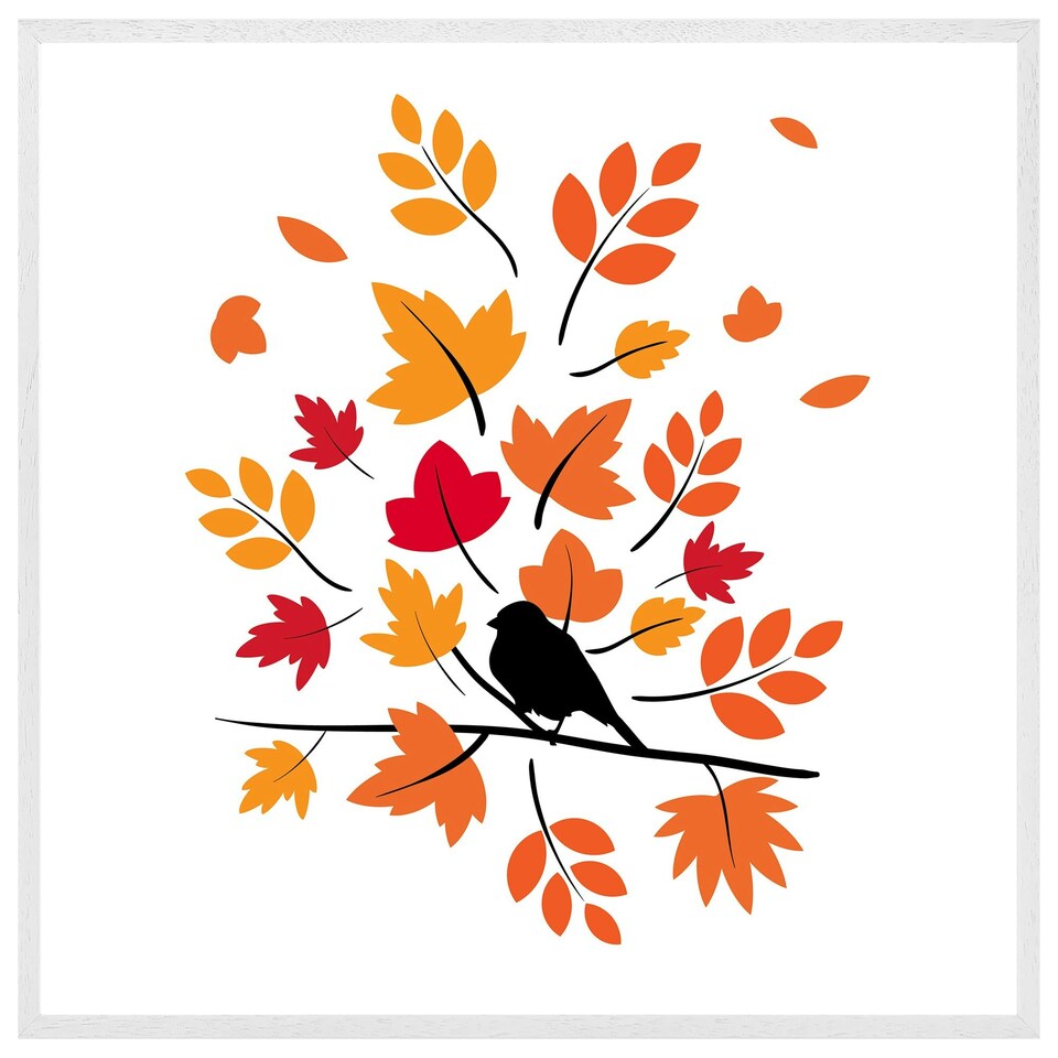 image 1 of Autumn bird on branch (Picture Frame) White | L