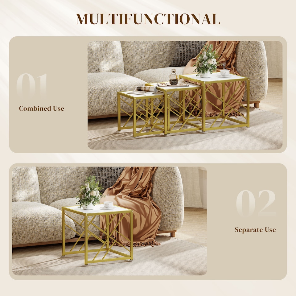 image 1 of HOMCOM Nesting Coffee Tables, Set of 3 Square Side Tables with Black Metal Frame, for Living Room, Bedroom and Office, White