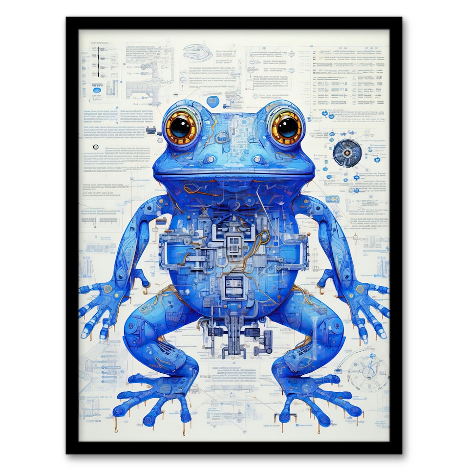 image 1 of Robot Hybrid Frog Sci-Fi Blueprint Futuristic Secret Black Framed Wall Art Print A4