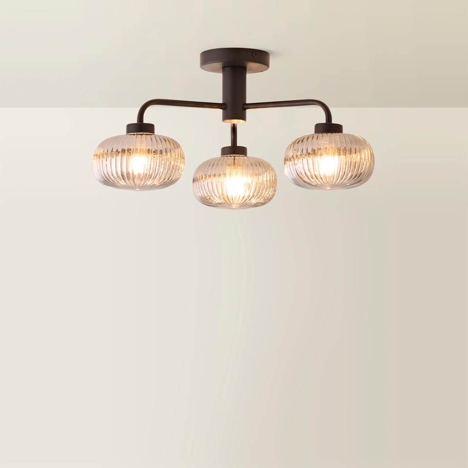 image 1 of ValueLights Amaia Black IP44 3 Way Smoke Ribbed Glass Ceiling Light | Black