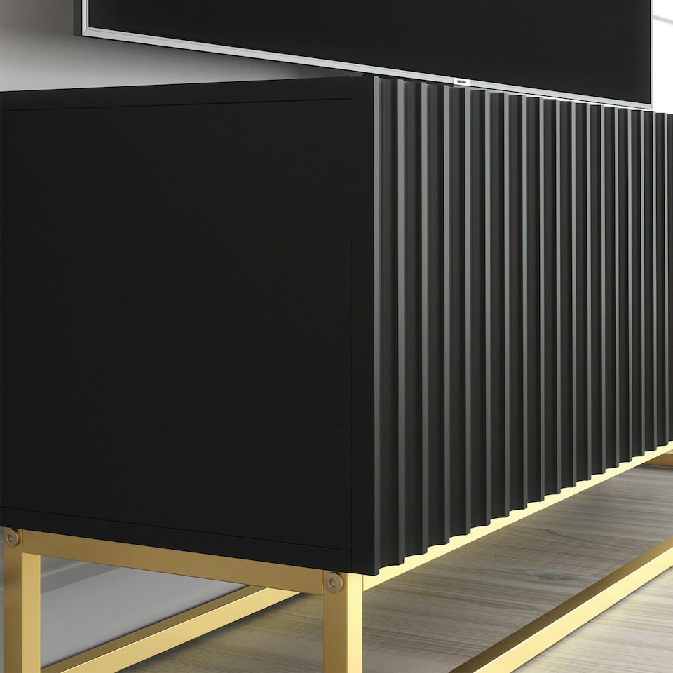 image 1 of TV Unit 100cm Black Matt Fluted Fronts with Gold Metal Base Black