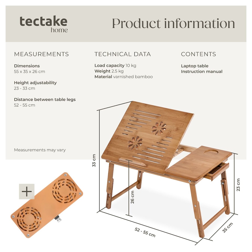 image 1 of Laptop Stand - 4 angles of inclination, with drawer, storage space, USB dual fan, 55 x 35 x 26 cm