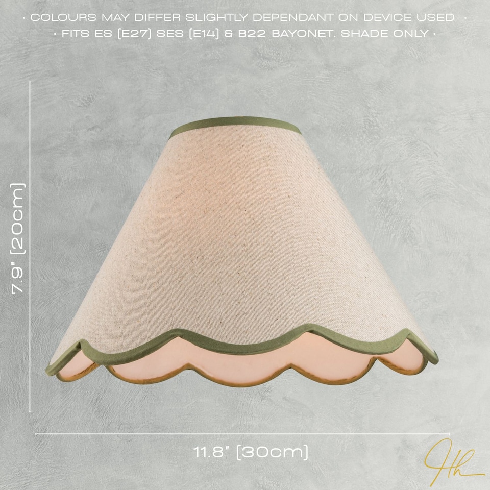 image 1 of Scallop Edge Natural Textured Linen Coolie Lamp Shade with Olive Trims | Green | Olive Green | 1