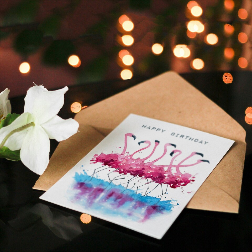 image 1 of Happy Birthday Dancing Flamingos Watercolor Birthday Card