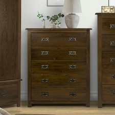 Boston 5 Drawer Chest - Rich Dark Brown Lacquer Solid Wood Bedroom Storage with Brass Handles | Brown | Brown | 1