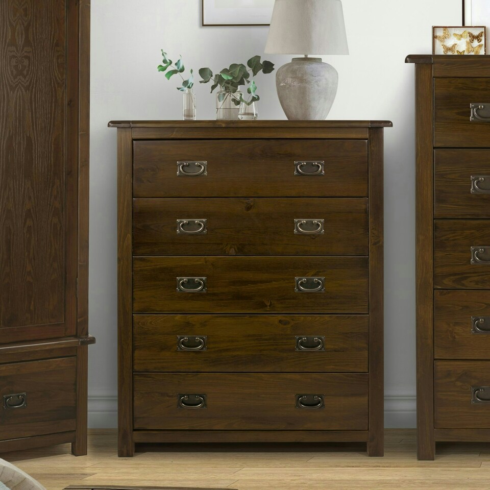 image 1 of Boston 5 Drawer Chest - Rich Dark Brown Lacquer Solid Wood Bedroom Storage with Brass Handles | Brown | Brown | 1