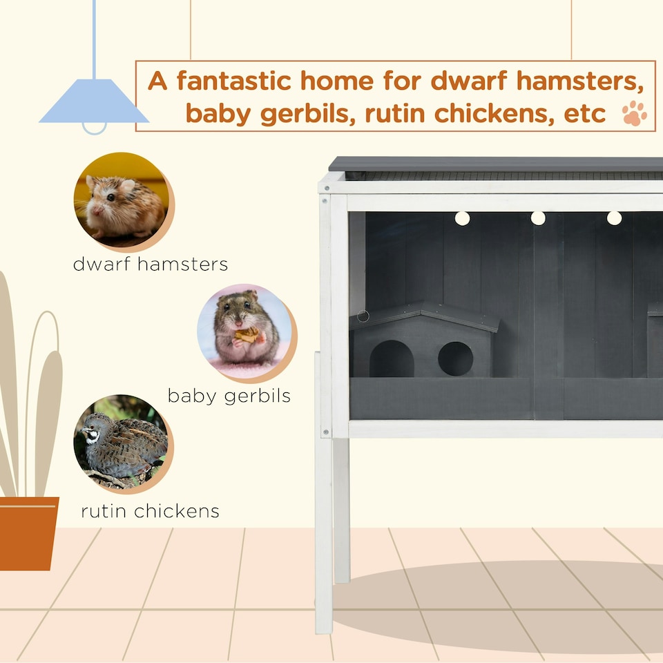 image 1 of PawHut Wooden Hamster Cage for Dwarf Hamsters, Gerbils, Rutin Chicken w/ Shelf