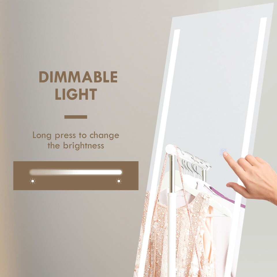 image 1 of HOMCOM Full Size Body LED Mirror, Dimmable Lighted Mirror for Bedroom