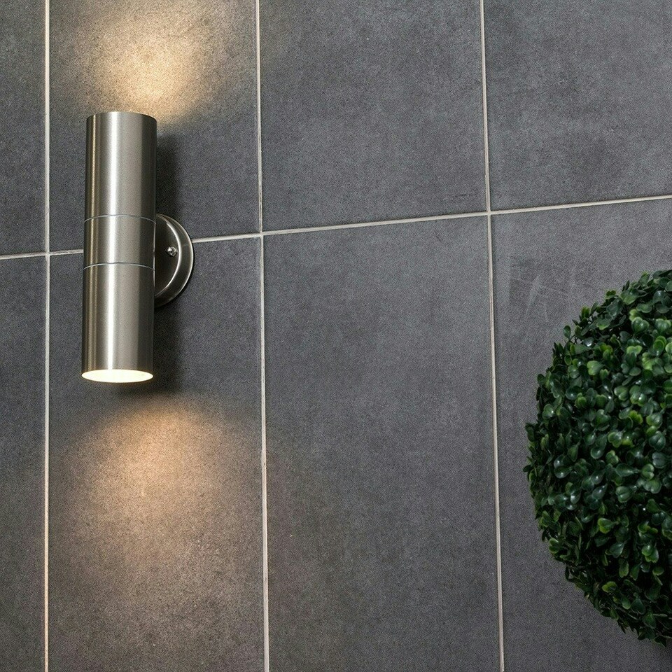 image 1 of ValueLights Pair of Silver Outdoor Wall Up-Down Light with 5W Warm White Bulb