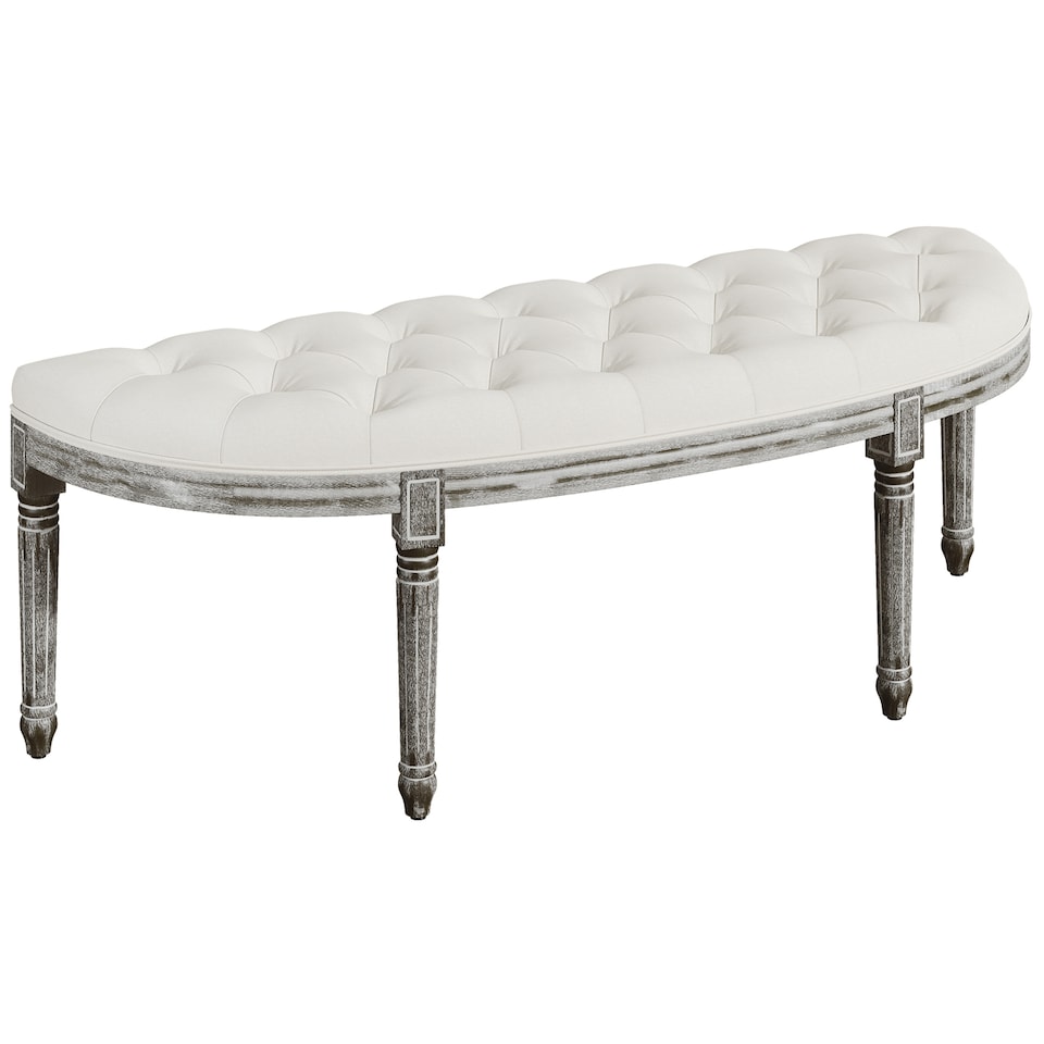 image 1 of HOMCOM Half-Circle End Bench Ottoman Footstool Tufting Padded Seat Brushed Wood Base Antique Accents Home Seat Furniture Cream White and Light Wood Grain Leg