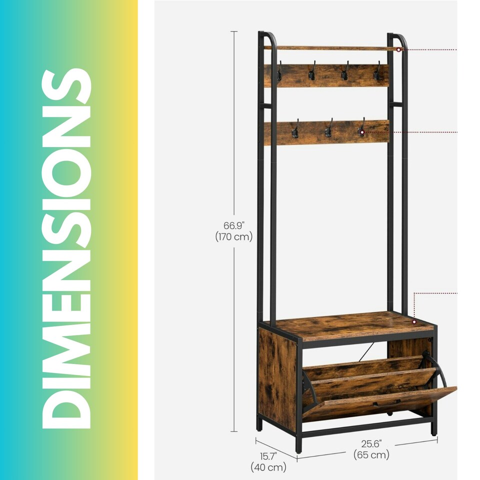 image 1 of Industrial Coat Rack Stand With Shoe Storage Brown One Size