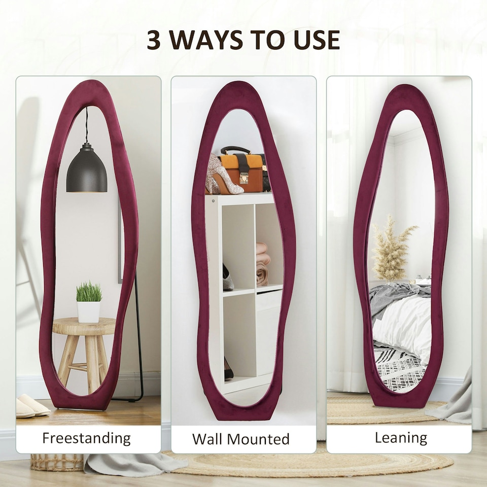image 1 of HOMCOM Irregular Full Length Mirror with Velvet Frame 160 x 50cm Wine Red