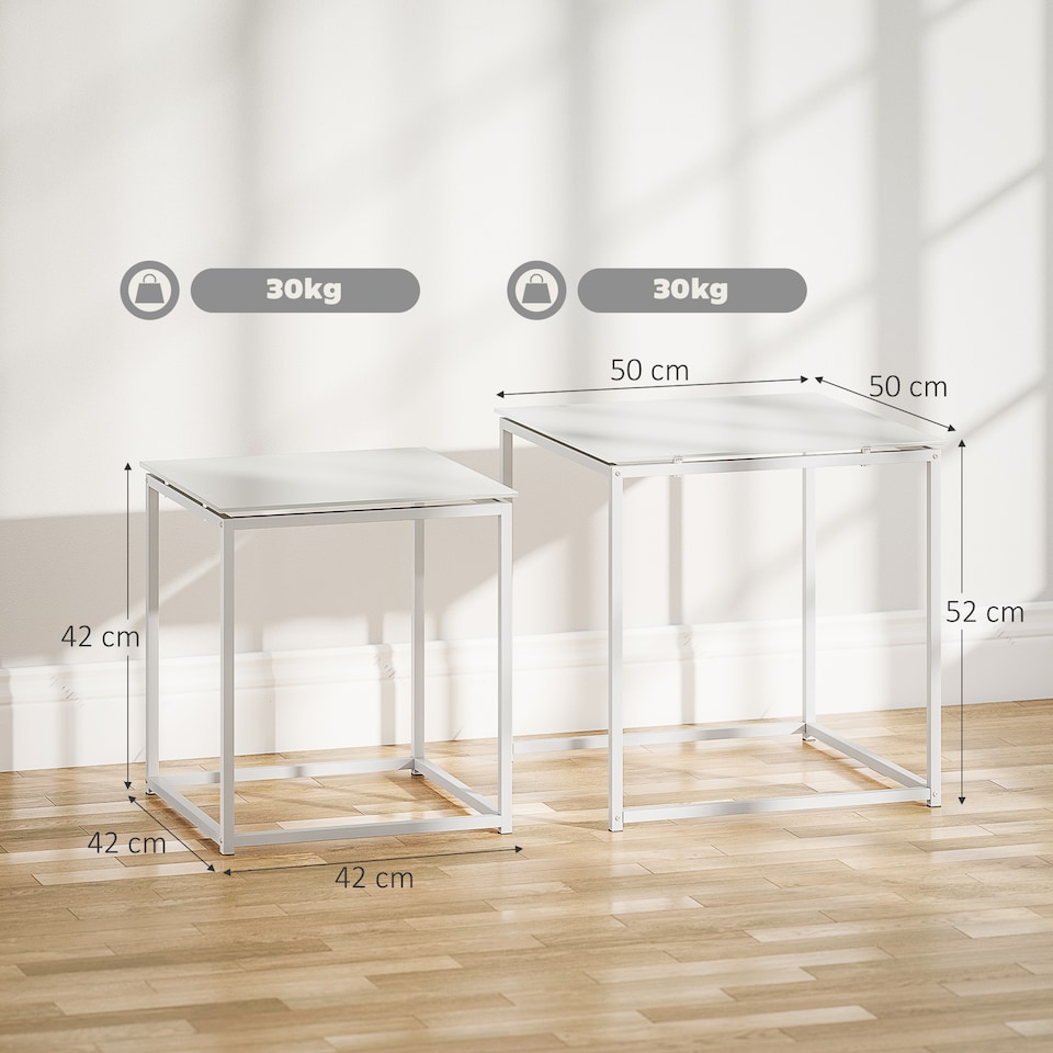 image 1 of HOMCOM Nest of Tables, Set of 2 Coffee Table, Side Tables with Tempered Glass Desktop and Metal Frame for Living Room, Bedroom, Office, White | White