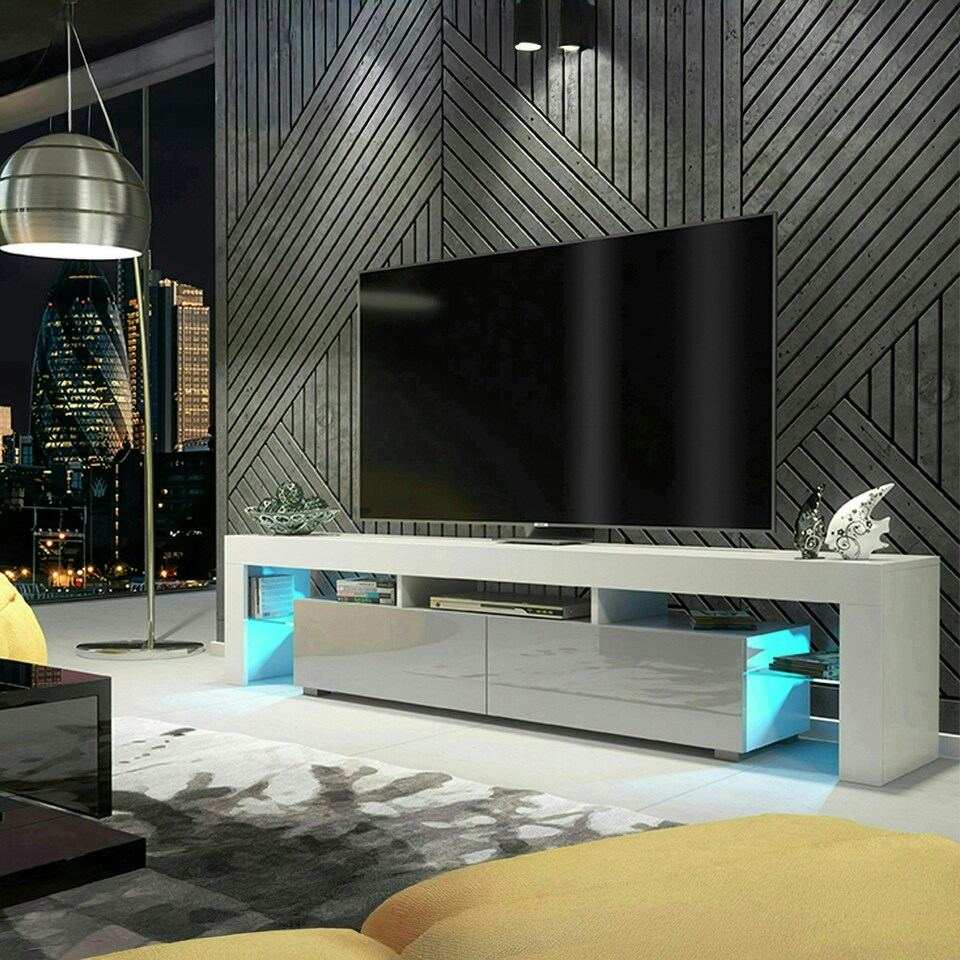 image 1 of TV Unit 200cm Grey Gloss Doors Oak Matt Frame Modern Media Cabinet White | Grey