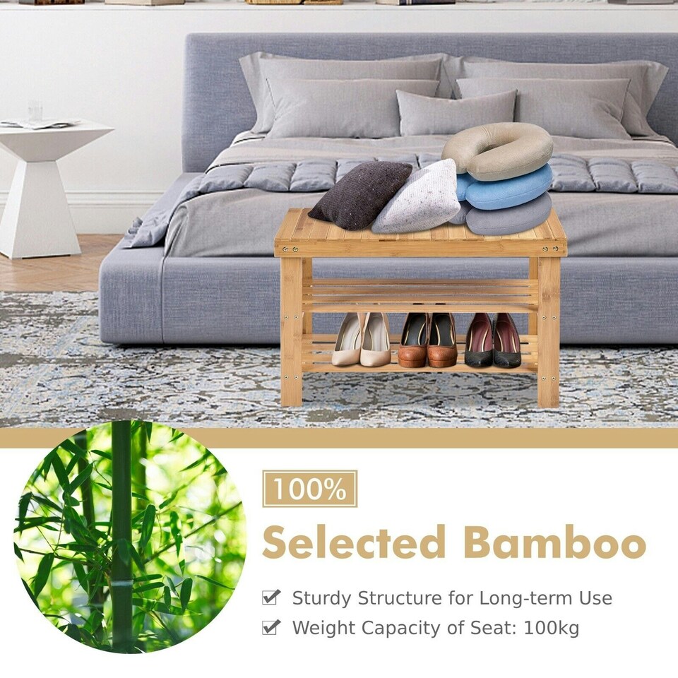 image 1 of COSTWAY 3-Tier Bamboo Shoe Bench Shoe Organizer Entryway Natural | Multi