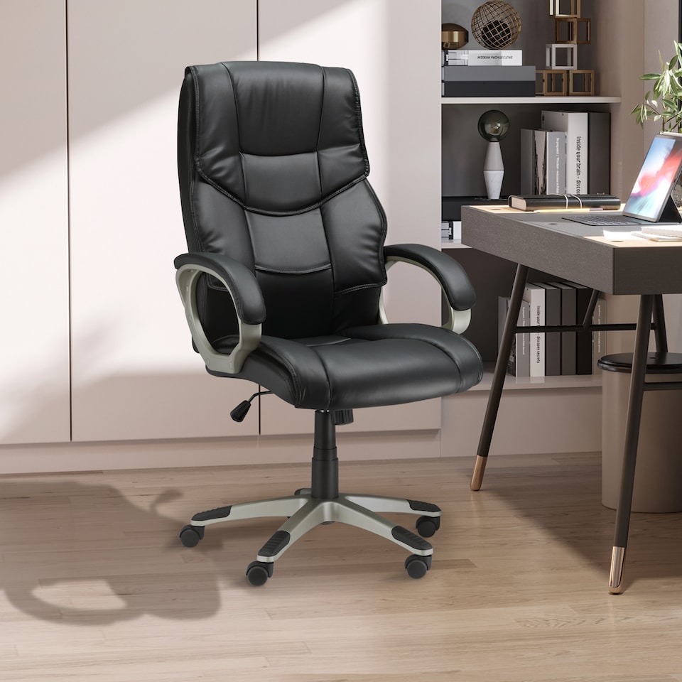 image 1 of HOMCOM High Back Computer Office Chair Faux Leather Swivel Desk Chair with Adjustable Height Rocking Function Black