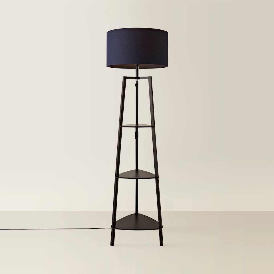 image 1 of ValueLights Hiru Black 3 Tier Shelf Floor Lamp with Navy Shade | Blue