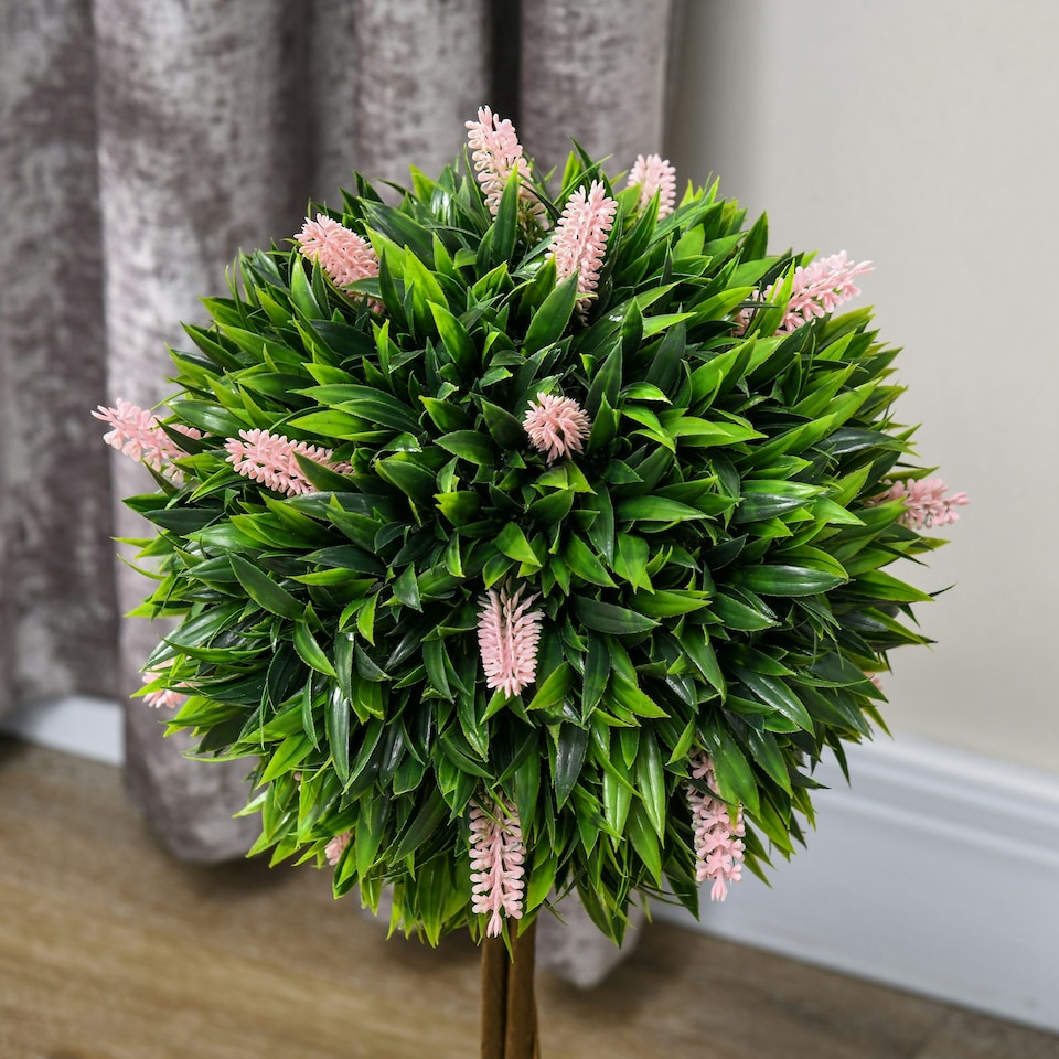 image 1 of HOMCOM Set of 2 Potted Artificial Plants Ball Tree with Flowers, Pink