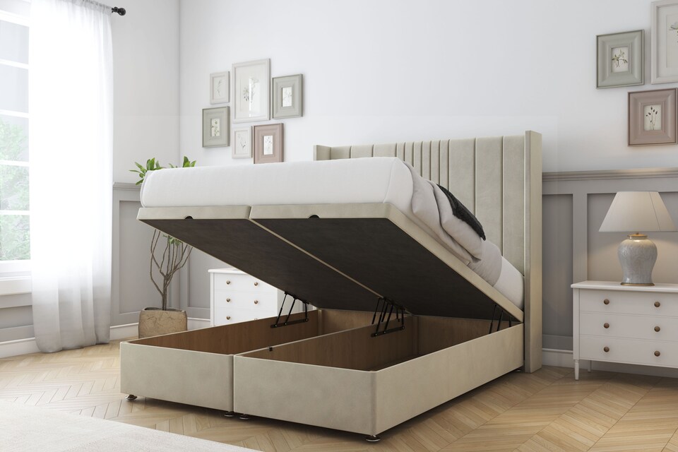 image 1 of Sloomy Hargrave Cream Plush Ottoman Bed With Mattress With 54" Wingback Headboard 3' Single