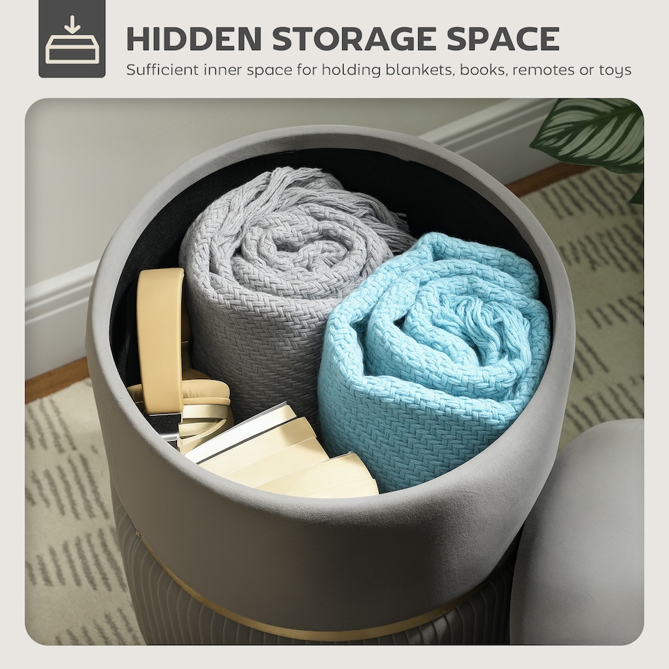 image 1 of HOMCOM Round Pouffe Storage Footstool with Cushioned Top Hidden Space Grey