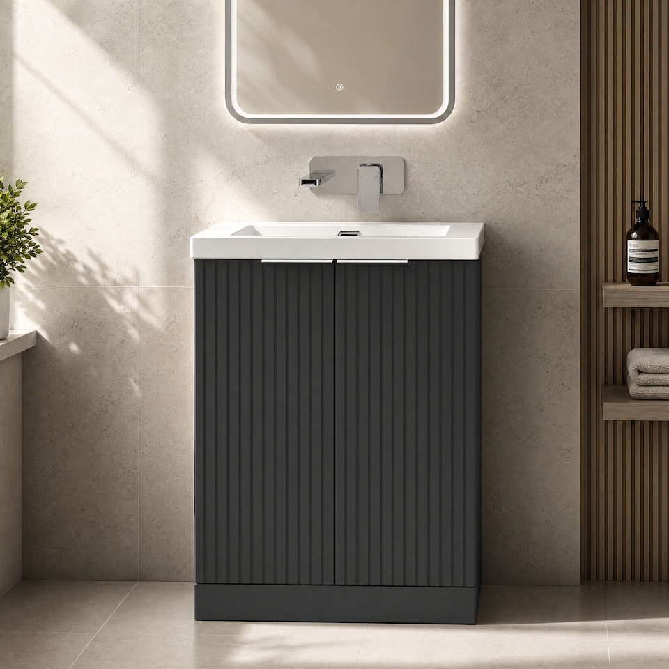 image 1 of Balterley Callingwood Contemporary Floor Standing 2 Door Vanity Unit with 0 Tap Hole Fireclay Basin , 600mm, Dark Grey